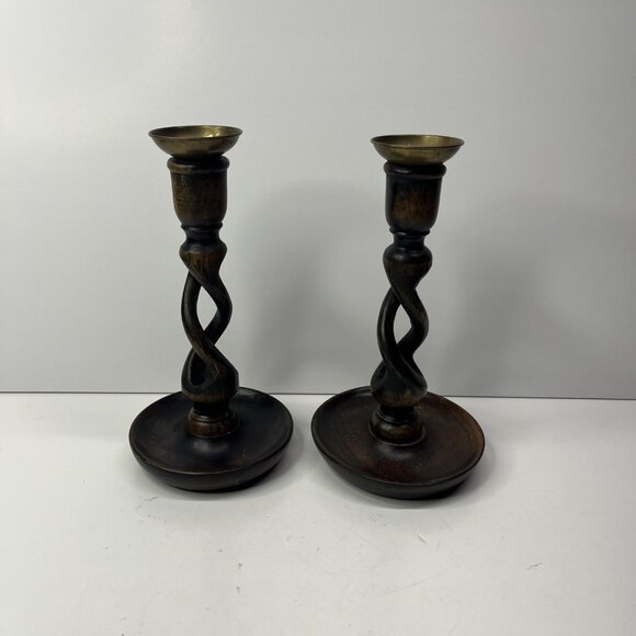 Candle Holders Antique English Oak Barley Twist Candlestick Brass Insert 8.5” - Picture 1 of 16